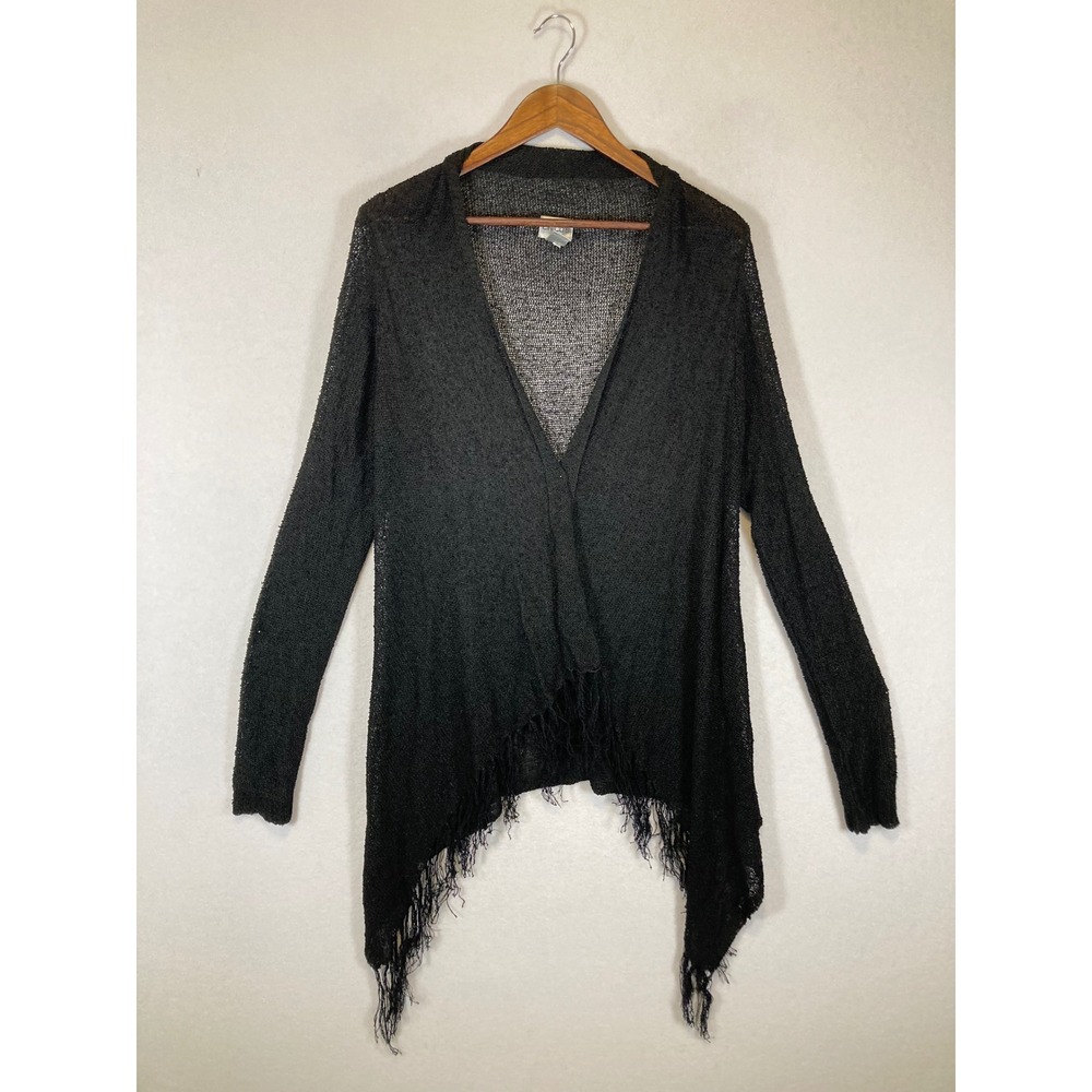 Boho Witchy Chicos Women S/M Black‎ Fringe Sharkbite Open Knit Rayon Cardigan